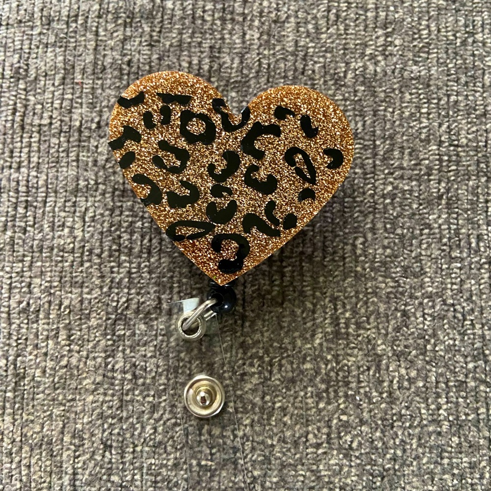 Leopard Print Heart Retractable Name Badge Reel ID Holder